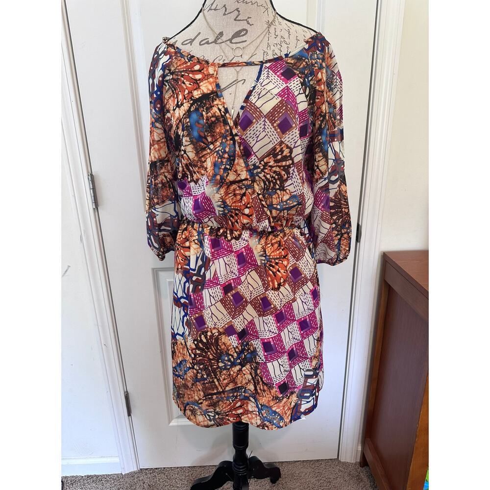GLAM Women's sz L Boho Tie Dye Printed Dress Slit Sleeve V Faux Wrap
